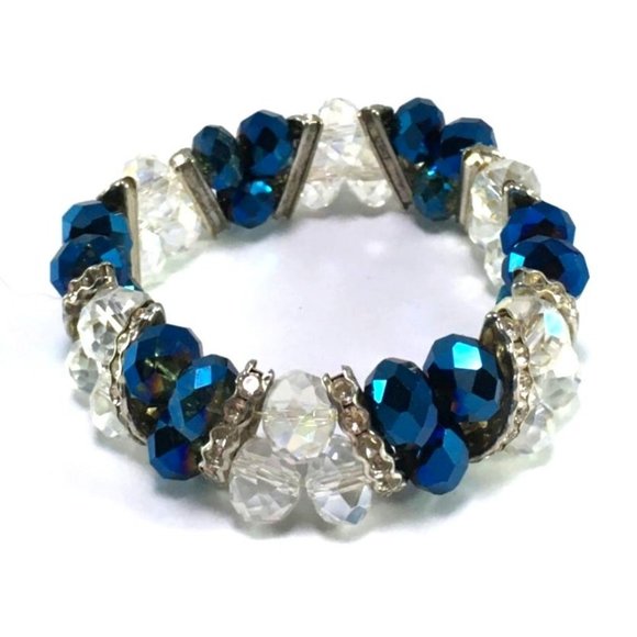 Double Strand Clear and Peacock AB Crystal Stretch Bracelet Silver Tone Spacers - Picture 3 of 3